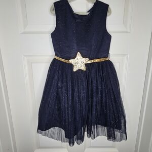 George Girls Fit & Flare Sequin Dress Navy Blue Gold Star Belt Size 5